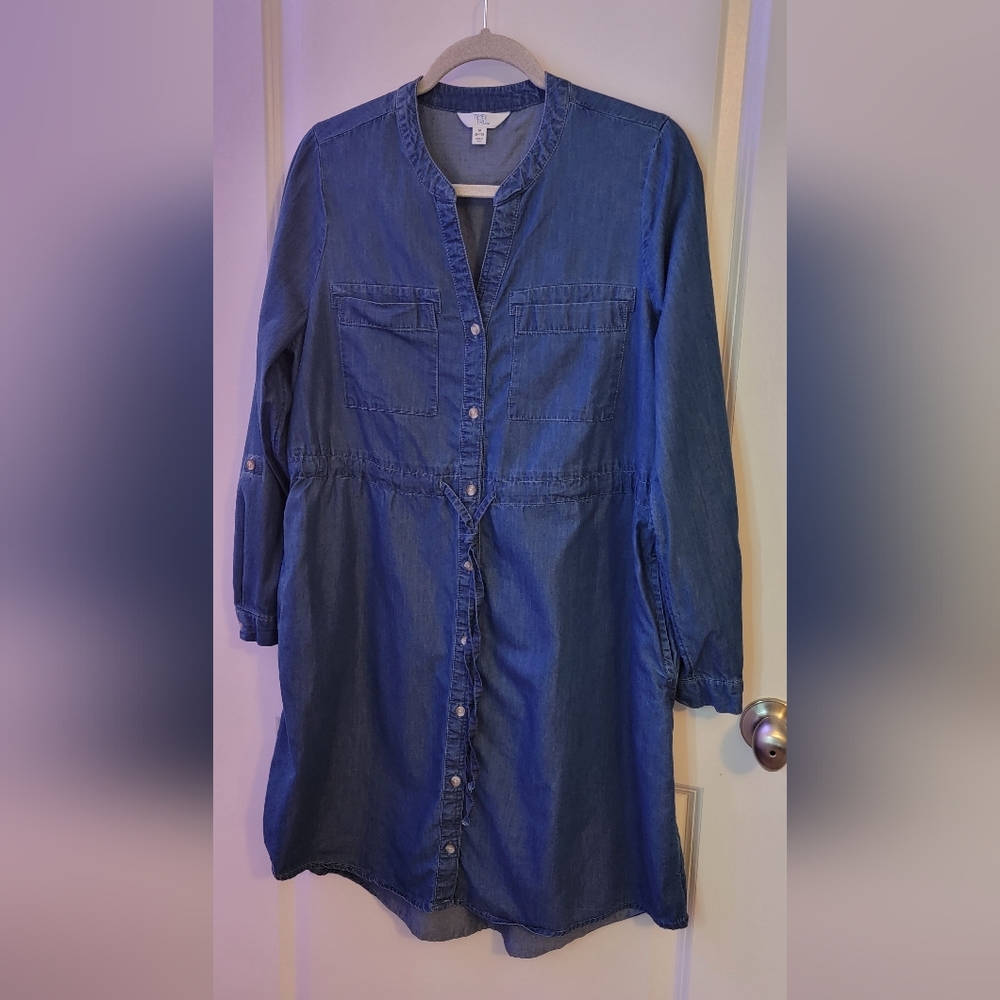 Denim Button-Front Shirt Dress - Deep Blue Size M 8-10